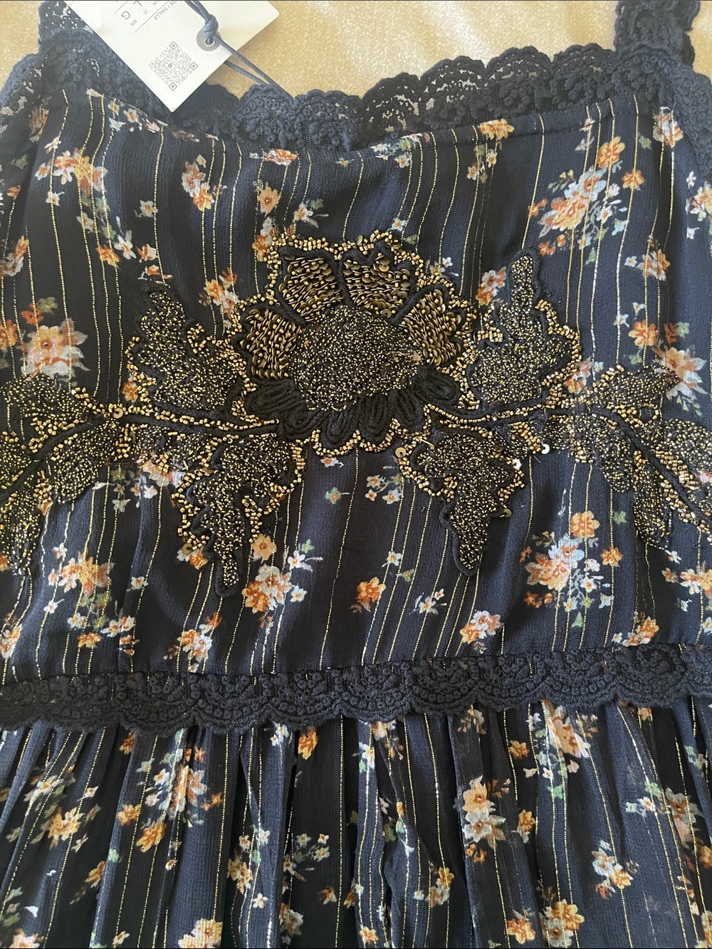 Zara Black Floral Tiered Maxi Dress with Gold Accents - Picture 10 of 12